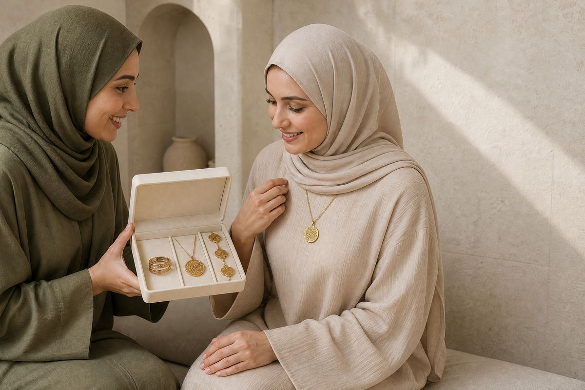 Gifting moment with the engraved piece and pouch